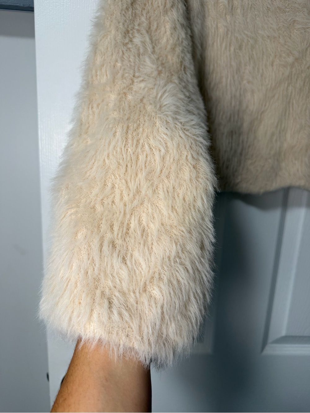 Lulus Cream Eyelash Fuzzy Mock Neck Cropped Sweater Size M - Picture 9 of 10